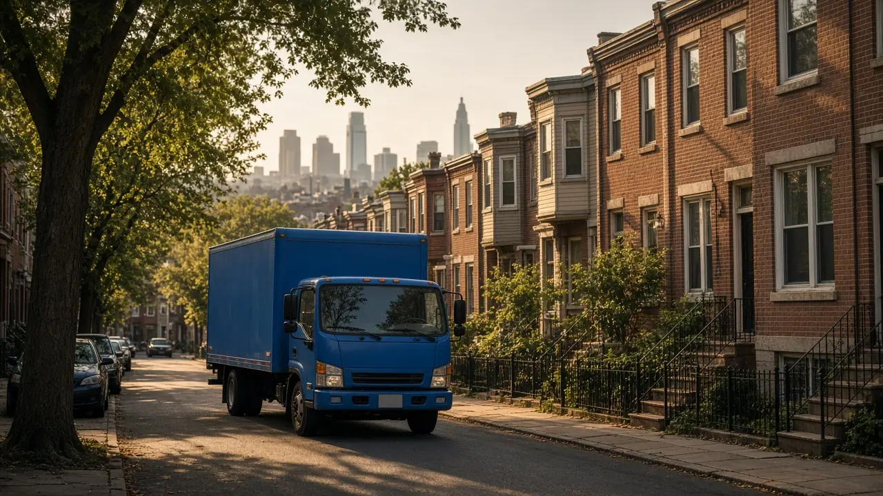 A junk removal truck on a Philadelphia row-house street