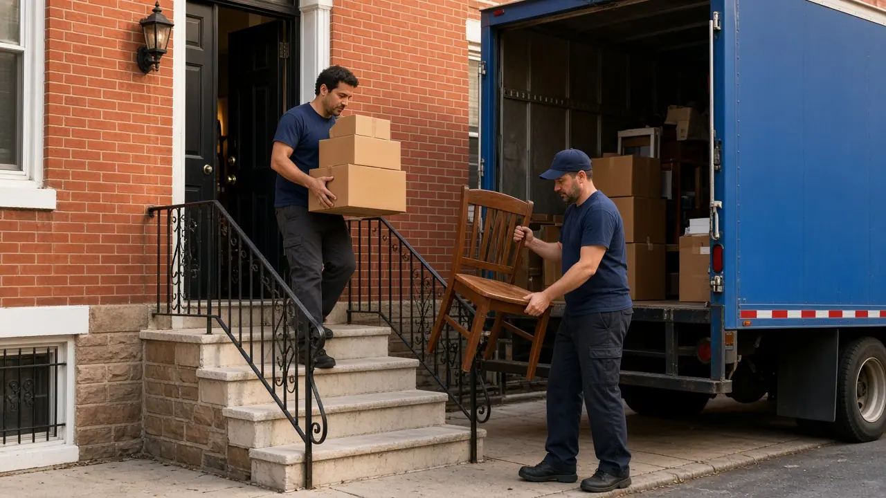 Workers carrying boxes out of a Philadelphia row house