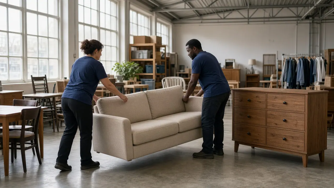Donated furniture set aside in a warehouse