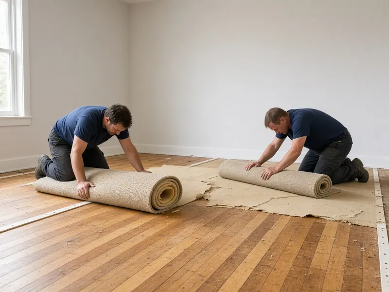 Old carpet and padding being rolled up