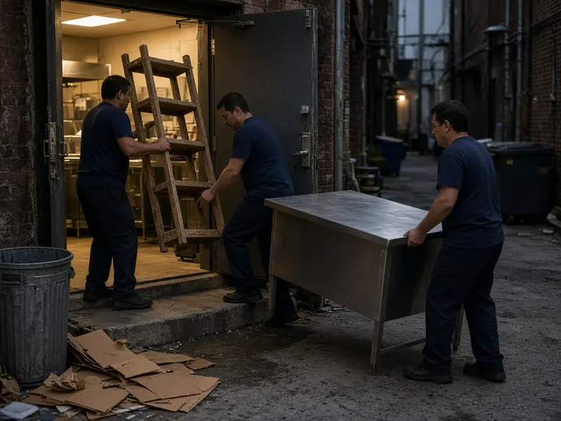 Shelving and equipment being hauled from a shop