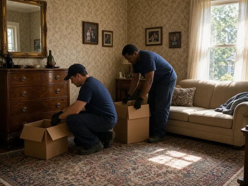 Workers sorting boxes during an estate cleanout