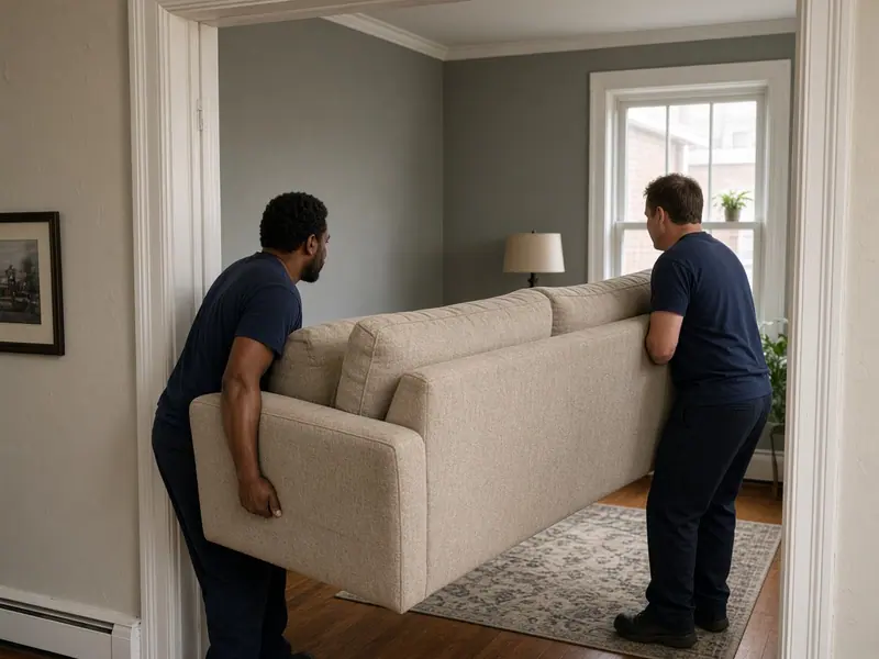 A sectional sofa being carried out of a living room