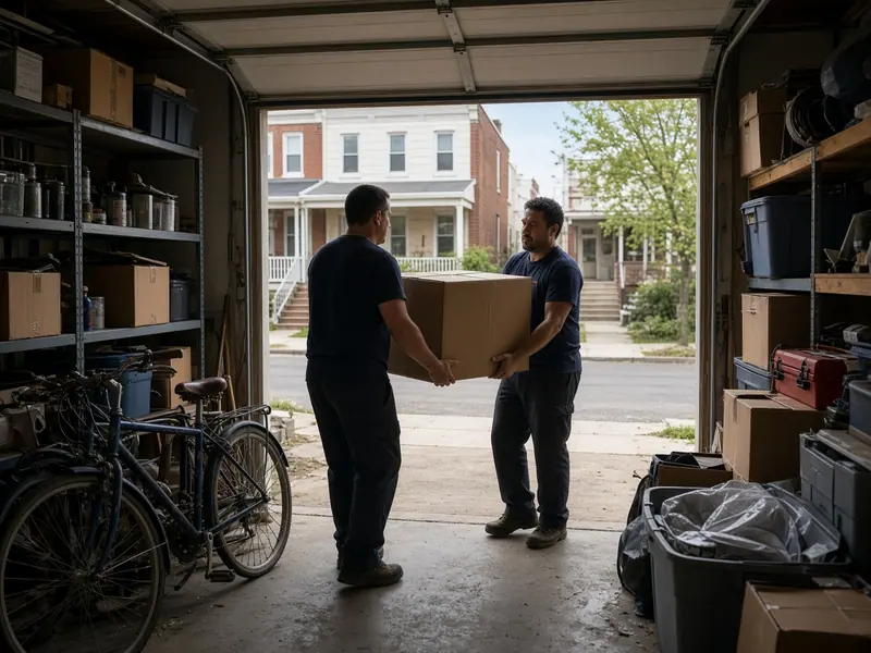 A packed garage being cleared