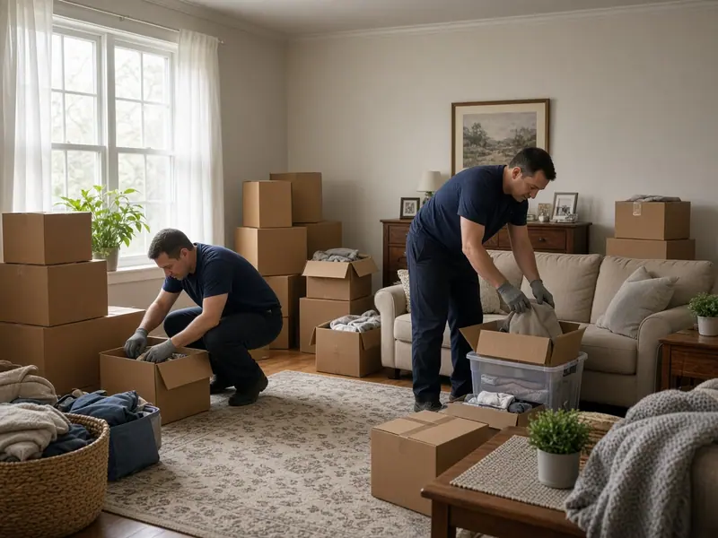 Workers carefully sorting stacked boxes in a living room
