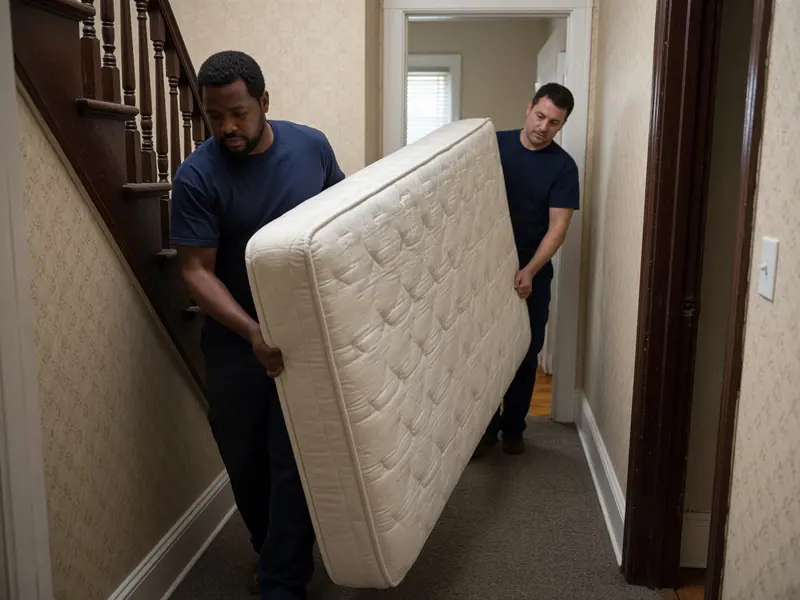 Workers carrying a mattress down a hallway