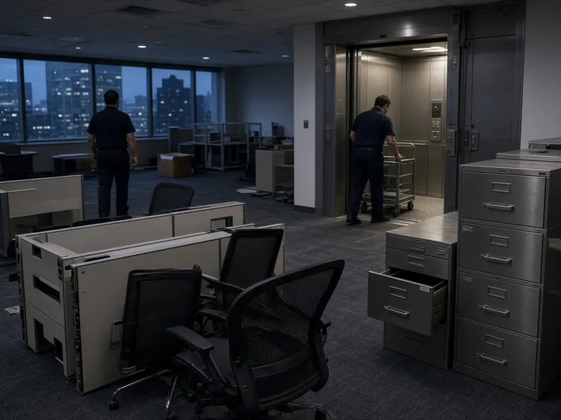 Office chairs and filing cabinets ready to be hauled