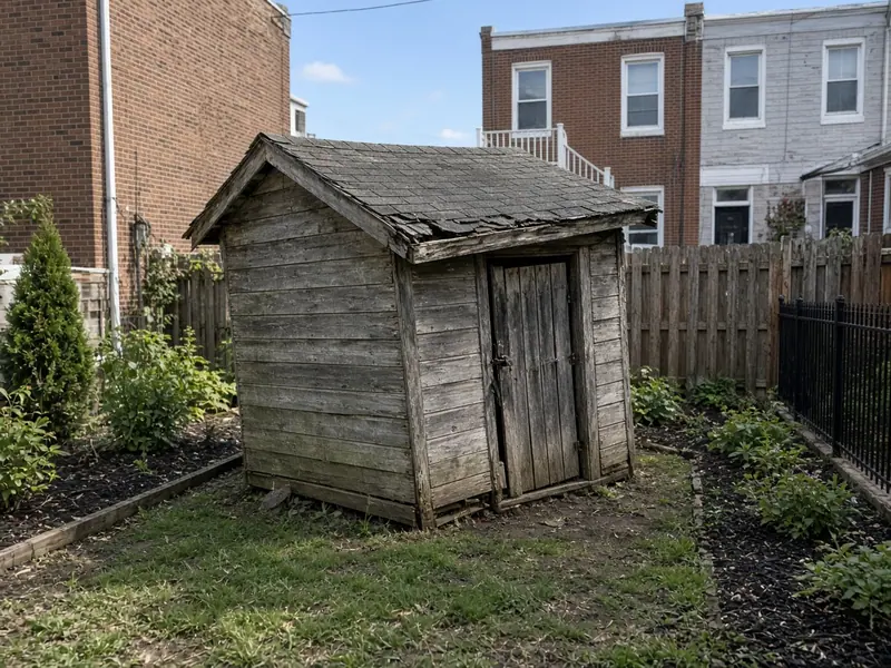A weathered wooden shed in a backyard