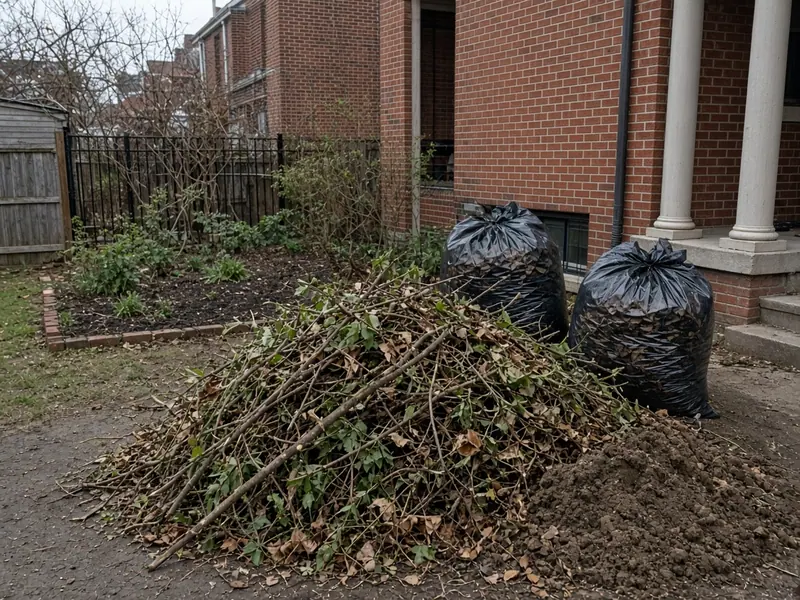 Branches, brush and bags of leaves in a backyard